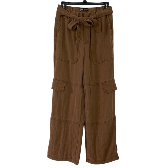 Zara Elastic Waist Cargo Pants Womens Size Medium Brown Straight Wide Leg Comfy - Picture 1 of 11